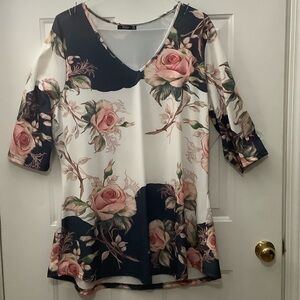 Rose Print V-Neck Tunic Top